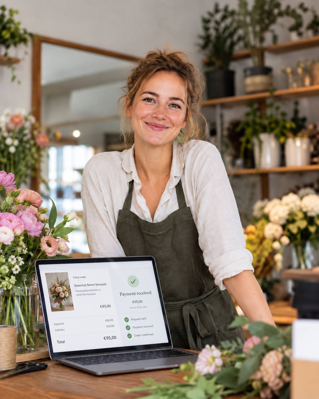 A florist stands behind a laptop showing a Paxtra order with payment received.