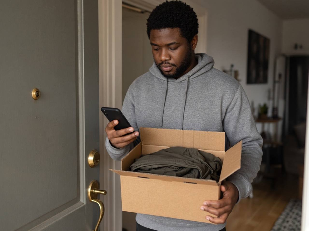 A man at his apartment door opens a delivered parcel and checks the jacket inside against his phone.